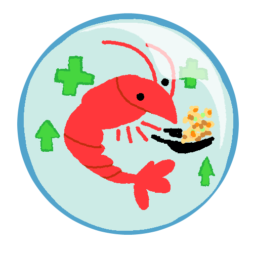 a bubble showing a shrimp frying rice with arrows and plus signs around it