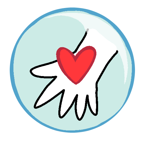 a bubble showing a hand with a heart in it