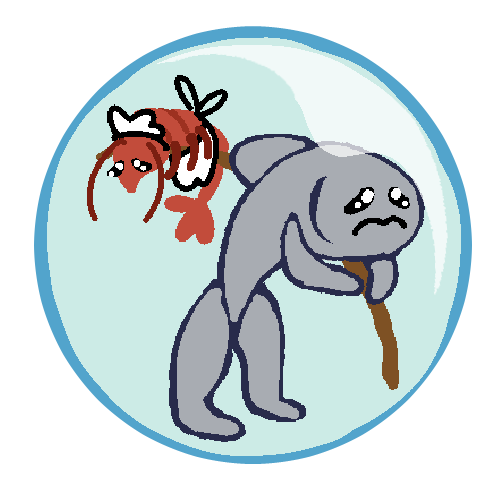  a bubble showing a sad fish standing on it's tail holding a stick with a shrimp in a maid outfit at the end